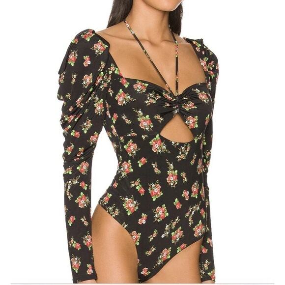 AFRM Coppelia Halter Neck Thong Bodysuit Noir Rose Garden Small - Picture 4 of 10